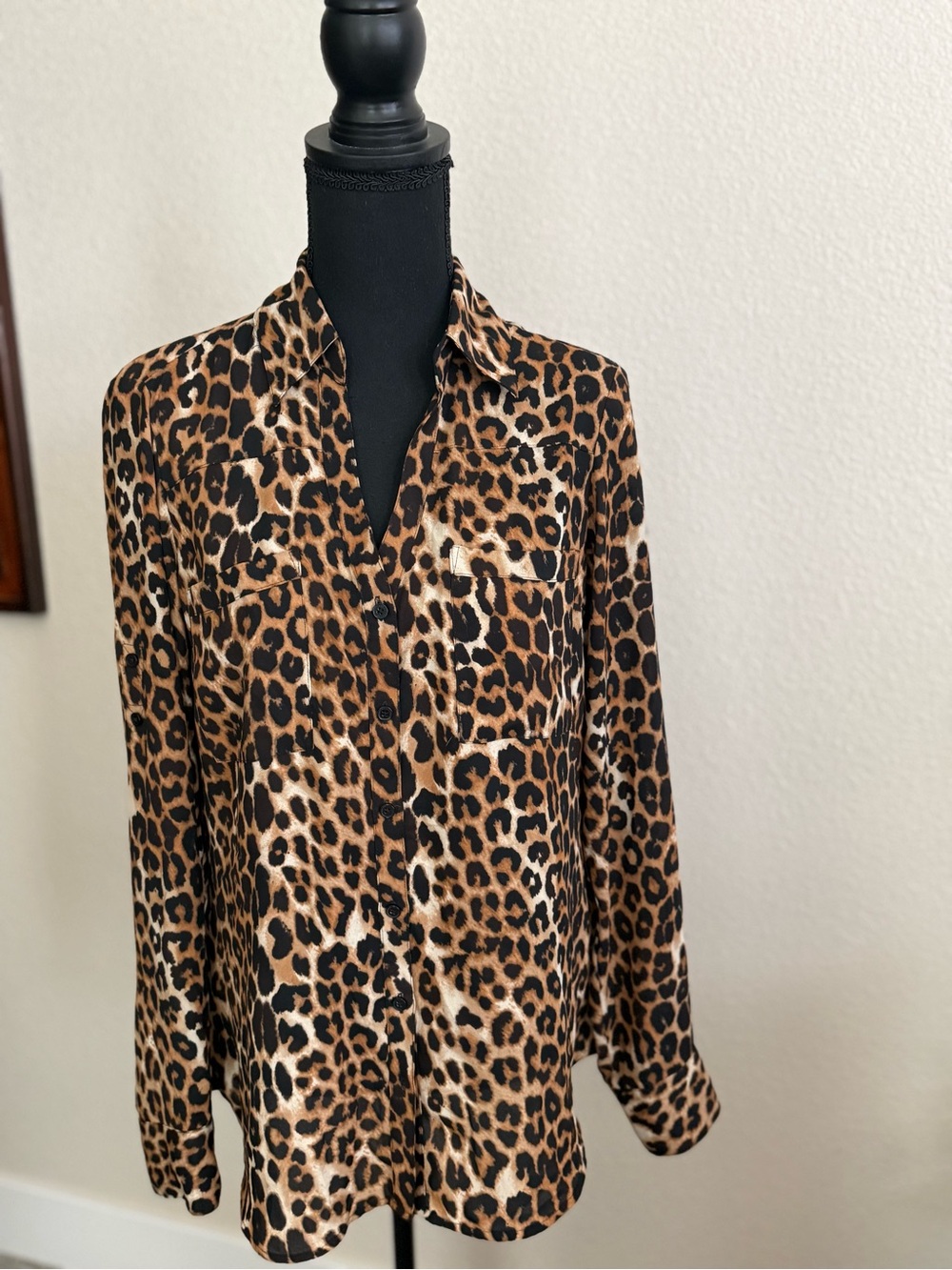 Express Leopard Print Button-Up Shirt - Brown and Black